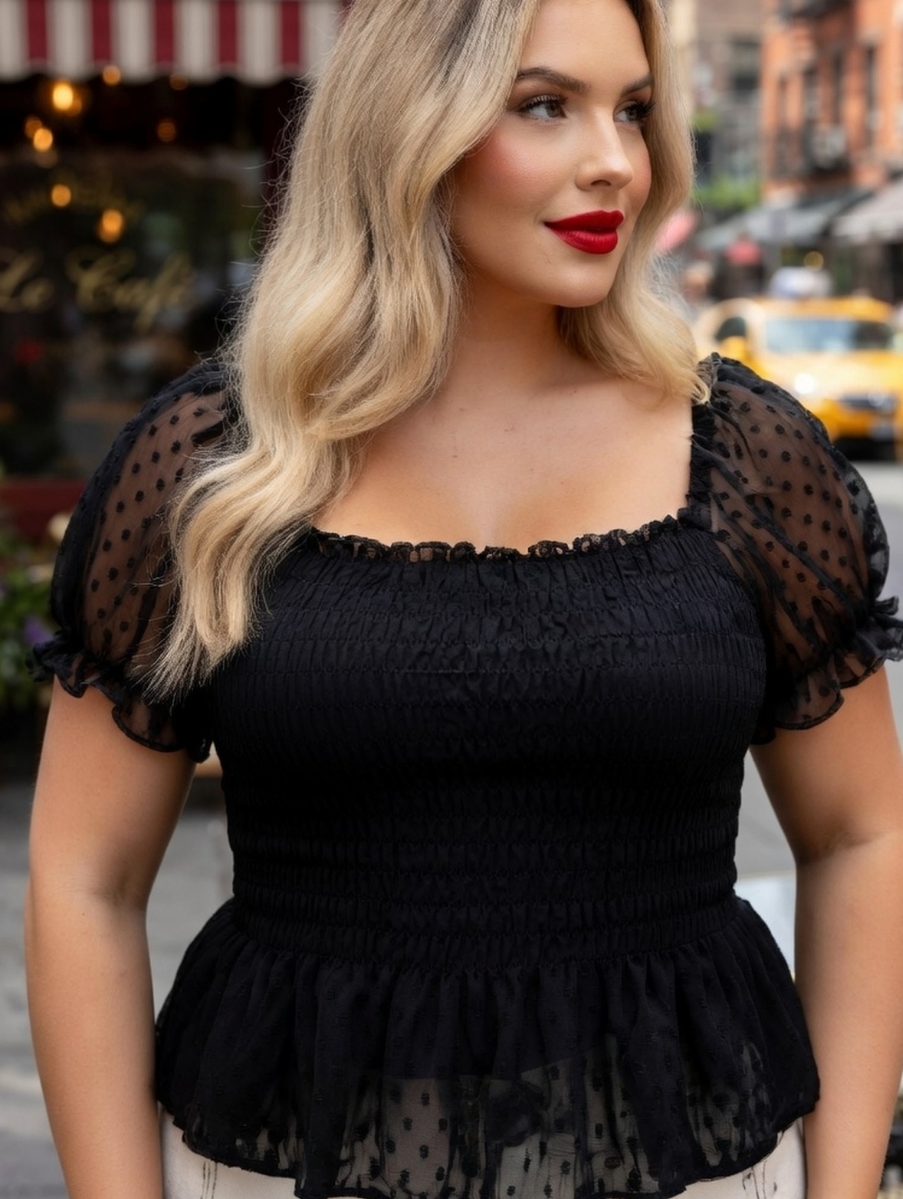 🔥Sheer Peplum Smocked Black Top Swiss Dot Puff Sleeves Romantic Chic Day Night